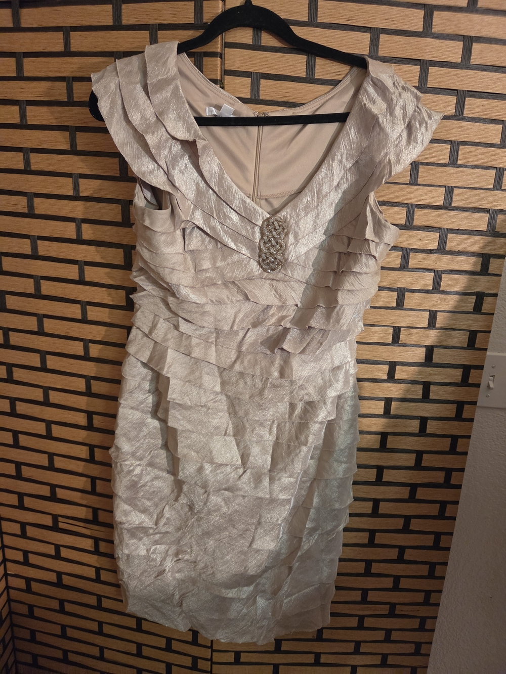 London Times Cream Ruffle Sheath Dress with Beaded Accent